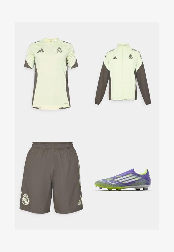 Adidas-jakke med en lys grønn kropp og mørkebrune ermer. Den har en høy krage, frontglidelås og logo på brystet.; Lys grøn kortermet jersey med mørkegrå detaljer, prydet med lagets logo på brystet, laget av pustende materiale med fukttransporterende teknologi.; Grå treningsshorts med elastisk midje, lys grønne side-striper og en hvit Real Madrid-logo på venstre kant.; Fotballsko i lilla og grønn, med et strømlinjeformet design, teksturert overdel med stripe mønstre, og en gjennomsiktig såle.