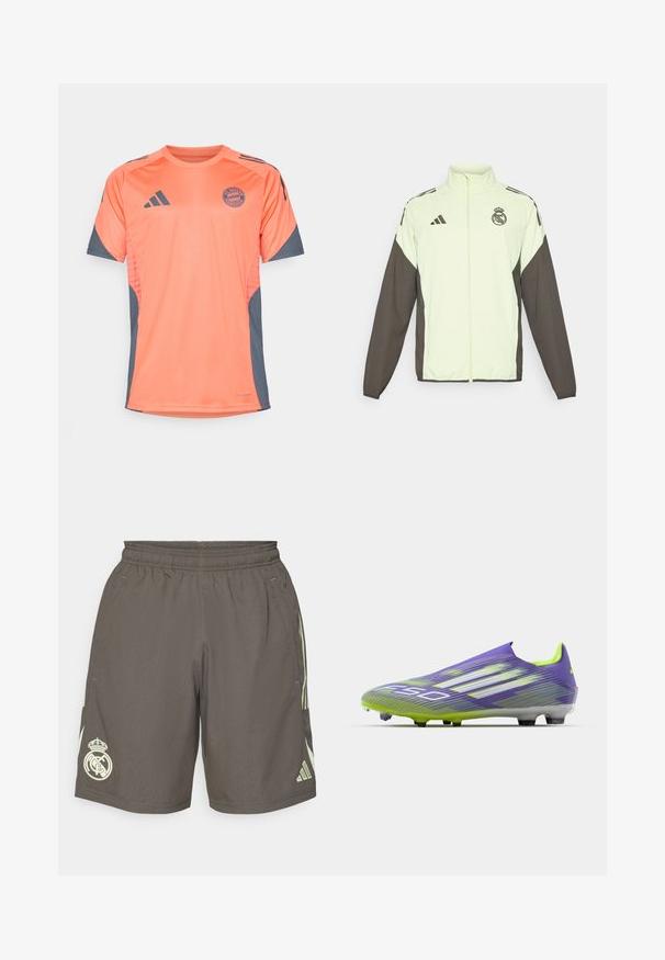 Adidas jakke med en lys grøn krop og mørkebrune ærmer. Omfatter en høj krave, frontlynlås og logo på brystet.; Orange sports T-shirt med grå accenter, med korte ærmer, en rund halsudskæring og et logo af FC Bayern München på fronten.; Grå sportsshorts med elastisk talje, lysegrønne sidelister og et hvidt Real Madrid-logo på venstre kant.; Fodboldstøvle i lilla og grøn, med et strømlinet design, tekstureret overdel med stribemønstre og en gennemsigtig sål.