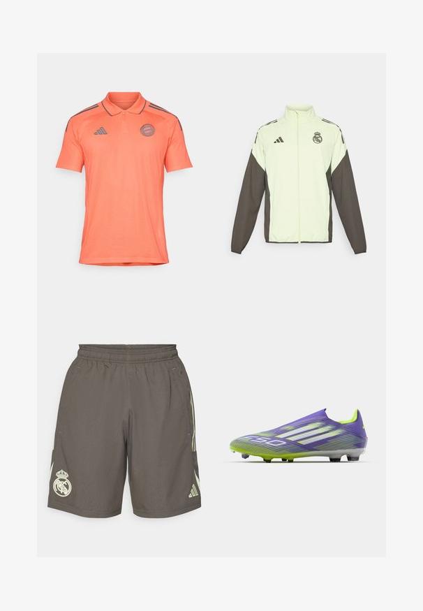 Adidas-jakke med en lys grønn kropp og mørkebrune ermer. Den har en høy krage, frontglidelås og logo på brystet.; Oransje kortermet polo-skjorte laget av teksturert stoff. Har krage, placket med tre knapper, og mørkegrå striper på skuldrene.; Grå treningsshorts med elastisk midje, lys grønne side-striper og en hvit Real Madrid-logo på venstre kant.; Fotballsko i lilla og grønn, med et strømlinjeformet design, teksturert overdel med stripe mønstre, og en gjennomsiktig såle.