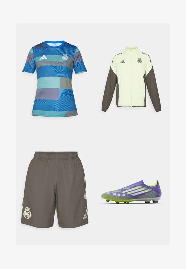 Adidas-jakke med en lys grønn kropp og mørkebrune ermer. Den har en høy krage, frontglidelås og logo på brystet.; Blå fotballdrakt med et geometrisk mønster i varierende nyanser av blått og grønt, kortermet, rund hals og Adidas-logo.; Grå treningsshorts med elastisk midje, lys grønne side-striper og en hvit Real Madrid-logo på venstre kant.; Fotballsko i lilla og grønn, med et strømlinjeformet design, teksturert overdel med stripe mønstre, og en gjennomsiktig såle.