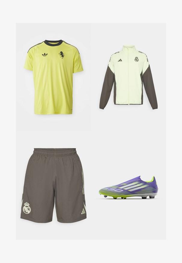 Chaqueta Adidas con un cuerpo verde claro y mangas marrón oscuro. Incluye un cuello alto, cremallera frontal y logo en el pecho.; Camiseta atlética de color amarillo brillante con acentos negros, de manga corta y cuello redondo. Presenta el logo de Adidas y un gráfico de un caballo negro.; Pantalones cortos deportivos grises con una cintura elástica, rayas laterales de color verde claro y un logo blanco del Real Madrid en el dobladillo izquierdo.; Botas de fútbol en púrpura y verde, con un diseño aerodinámico, parte superior texturizada con patrones de rayas y una suela translúcida.