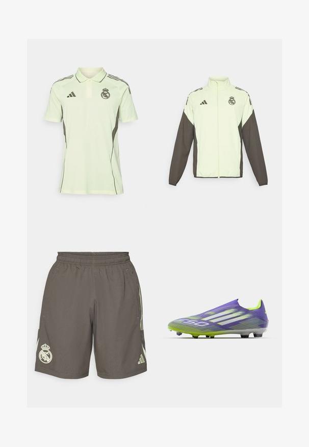 Adidas jakna s svijetlozelenim tijelom i tamnosmešnim rukavima. Ima visoki ovratnik, predni zip i logo na prsima.; Svijetlozeleni polo majica s kratkim rukavima, crnim detaljima i logotipom na prsima. Ima ovratnik i placket s tri gumba.; Sive sportske kratke hlače s elastičnim pojasom, svijetlozeleni bočni pruge i bijeli logo Real Madrida na lijevom rubu.; Nogometna kopačka u ljubičastoj i zelenoj boji, s aerodinamičnim dizajnom, teksturiranim gornjim dijelom sa uzorkom pruga i prozirnom potplatom.