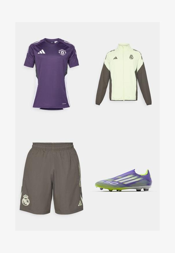 Bunda Adidas s tělem v světle zelené barvě a tmavě hnědými rukávy. Obsahuje vysoký límec, přední zip a logo na hrudi.; Fialový dres Manchester United s krátkým rukávem, logem Adidas a bílými bočními panely. Vyrobeno z materiálu, který odvádí vlhkost.; Šedé sportovní šortky s elastickým pasem, světlé zelené boční pruhy a bílé logo Real Madrid na levém lemu.; Fotbalová kopačka v purpurové a zelené barvě, s aerodynamickým designem, texturovaným svrškem se pruhovanými vzory a průhlednou podrážkou.