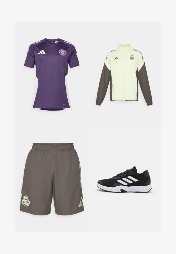 Adidas jakna s svijetlozelenim tijelom i tamnosmešnim rukavima. Ima visoki ovratnik, predni zip i logo na prsima.; Ljubičasta Manchester United majica s kratkim rukavima, s Adidas logom i bijelim bočnim akcentima. Izrađena od materijala koji odvlači vlagu.; Sive sportske kratke hlače s elastičnim pojasom, svijetlozeleni bočni pruge i bijeli logo Real Madrida na lijevom rubu.; Crne atletske cipele s teksturiranim mrežastim gornjim dijelom, bijelim naglasnim trakama, podstavljenim potplatom i ojačanim petom za podršku.
