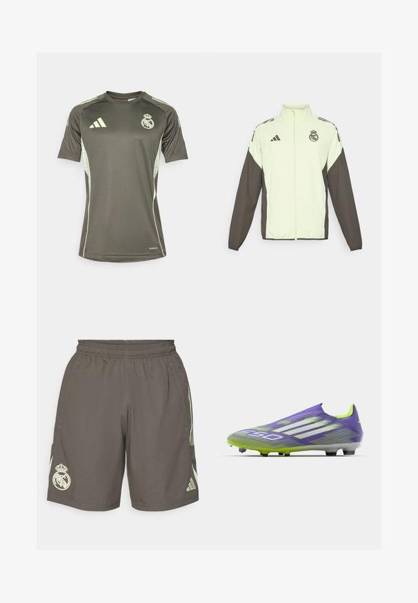 Adidas jaka ar gaiši zaļu ķermeni un tumši brūnām piedurknēm. Iekļauj augstu apkakli, priekšējo rāvējslēdzēju un logotipu uz krūtīm.;  Tumši zaļš sporta krekls ar gaiši zaļām akcentēm, īsām piedurknēm, apaļu kakla izgriezumu un Real Madrid logo uz krūtīm. Izgatavots no mitrumu aizturoša materiāla.; Pelēki sporta šorti ar elastīgu jostu, gaiši zaļi sānu svītriņas un baltu Real Madrid logo kreisajā apakšmalā.; Futbola zābaks purpursarkanā un zaļā krāsā, ar plūstošu dizainu, teksturētu augšdaļu ar svītru rakstiem un caurspīdīgu zoli.