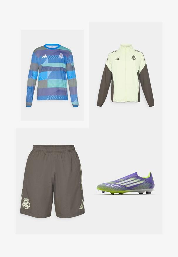 Adidas jakke med en lys grøn krop og mørkebrune ærmer. Omfatter en høj krave, frontlynlås og logo på brystet.; Langærmet sportstrøje med et blåt og grønt geometrisk mønster, lavet af letvægtsstof med ribbet blå krave og Adidas-logo.; Grå sportsshorts med elastisk talje, lysegrønne sidelister og et hvidt Real Madrid-logo på venstre kant.; Fodboldstøvle i lilla og grøn, med et strømlinet design, tekstureret overdel med stribemønstre og en gennemsigtig sål.