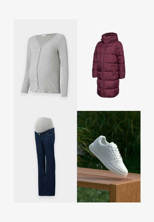 Pruunikas-punane puffer-jope kapuutsiga, millel on pikk lõige, lukuga sulgemine ja kaks küljetaskut. Ühtlane, vatitud tekstuur kogu jope ulatuses.; Halline hall ribaga emajumpsuit pikad varrukad, V-kaelus ja nupuga kinnitus ees. Pehme tekstuur ja kehakujuline lõige.; Heledad sinine triibuline nööbiga särk pikki varrukatega, kahe rinna taskuga ja üleskeeratud varrukatega, mis on kinnitatud nööpidega. Pehme, kerge kangas.; Tumedast sinisest denimist rasedus teksad, millel on hall elastne kõhupaneel, sirge jalgade disain ja esipockets metallist detailidega.; Valged sneakerd, millel on sile sünteetiline ülemine osa, väikeste aukudega varvaskast, lamedad paelad ja tekstuuriga tald, eksponeeritud puidust pinnal.