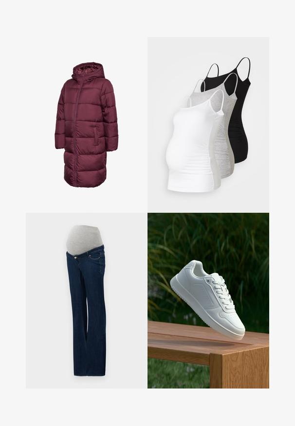 Maroon puffer coat with a hood, featuring a long design, zip closure, and two side pockets. Smooth, quilted texture throughout.; Three maternity tank tops in white, gray, and black. Stretchy fabric with adjustable spaghetti straps and gathered side seams for comfort.; Maternity jeans made of dark blue denim, featuring a grey elastic belly panel, straight leg design, and front pockets with metallic accents.; White sneaker with a smooth synthetic upper, perforated toe box, flat laces, and a textured sole, displayed on a wooden surface.