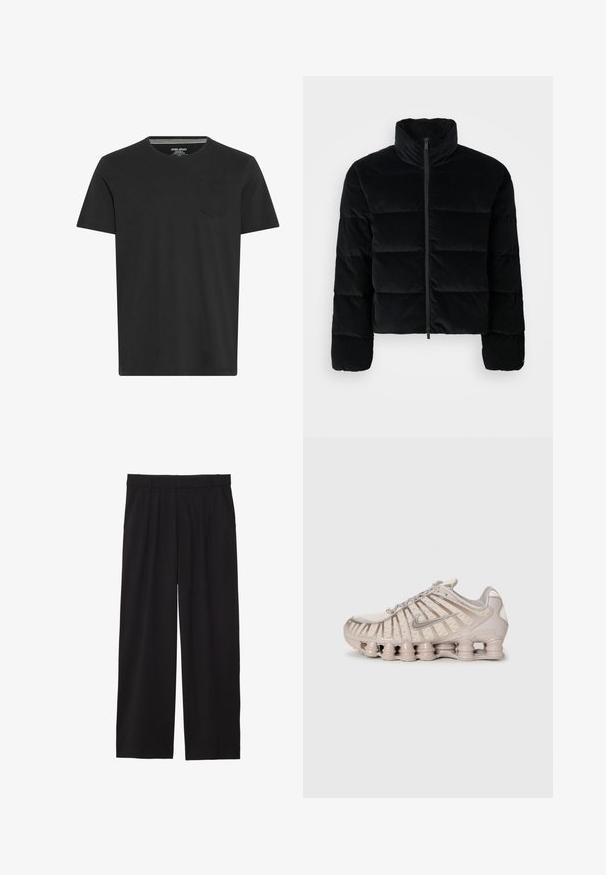 Svart corduroy pufferjakke med høy krage og front glidelås. Den har quiltede seksjoner for isolasjon og lange ermer.; Svart T-skjorte med korte ermer laget av bomull. Har rund hals og en liten lomme på venstre bryst. Glatt tekstur og enkelt design.; Svarte vide bukser med plisserte detaljer foran, sidelommer, og en glatt tekstur. Designet for en avslappet passform.; Lys beige treningssko med overdel i mesh, strukturert design og en distinkt polstret såle med sylinderseksjoner.