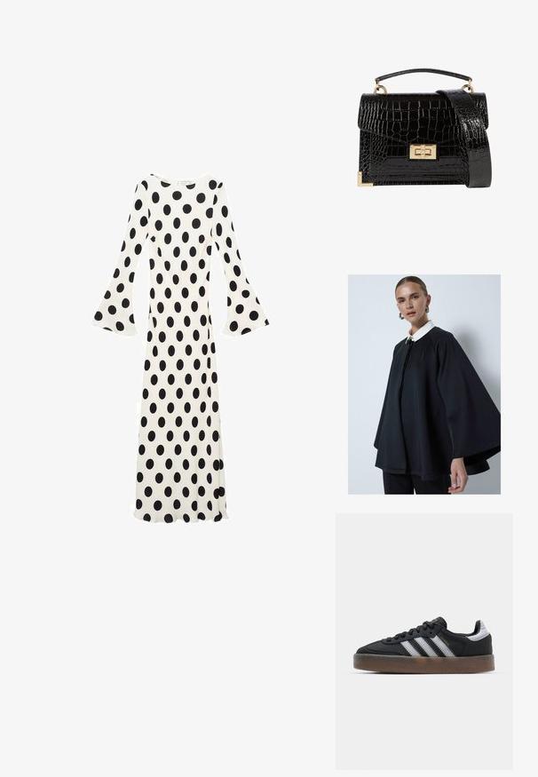 Capa negra con un cuello blanco, con un escote alto y una textura suave. El diseño es holgado con mangas amplias.; Vestido de manga larga en tela blanca con grandes lunares negros, puños acampanados y una silueta ajustada.; Zapatillas negras con un diseño elegante, que presentan tres franjas blancas, una lengüeta negra y una suela de goma texturizada marrón. Acentos de letras doradas.; Bolso de mano de charol negro con textura de cocodrilo, herrajes dorados, un asa superior y una correa de hombro desmontable. Forma rectangular con cierre a presión.