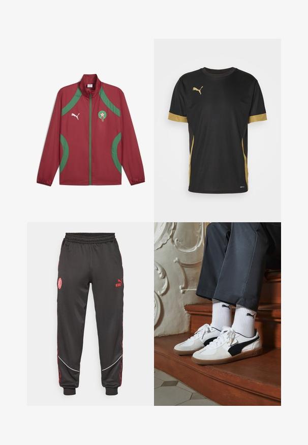 Rode lichtgewicht jas met groene accenten, volledige rits, hoge kraag en geborduurd embleem op de linkerkant van de borst. Gemaakt van glad, waterafstotend materiaal.; Zwarte sport T-shirt met gouden accenten op de mouwen en zijkanten. Voorzien van een ronde hals, korte mouwen en vochtregulerende DRYCELL-stof.; Zwarte sportbroek met elastische tailleband, rode accenten, geborduurde logo's en witte bies langs de zijkanten, gemaakt van glad materiaal.; Puma sneakers in wit en zwart suède, met een bruine rubberen zool. Gecombineerd met witte sokken met een zwart logo, gedragen met donkere broek.