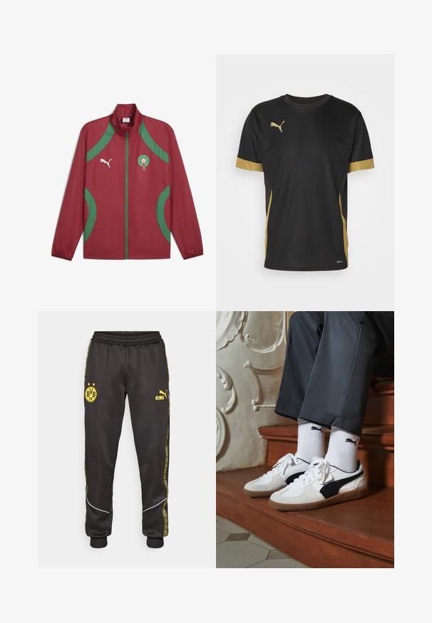Rød lett jakke med grønne detaljer, full glidelås, høy krage og brodert emblem på venstre bryst. Laget av glatt, vannavvisende stoff.; Svart treningst-skjorte med gulldetaljer på ermene og siden. Har rund hals, korte ermer og fukttransporterende DRYCELL-stoff.; Svarte treningsbukser med gule Borussia Dortmund BVB 09 og Puma King-logoer, elastisk liv, og mønstrede gule sidestriper.; Puma-sneakers i hvitt og svart semsket skinn, med en brun gummisåle. Kombinert med hvite sokker med en svart logo, båret med mørke bukser.