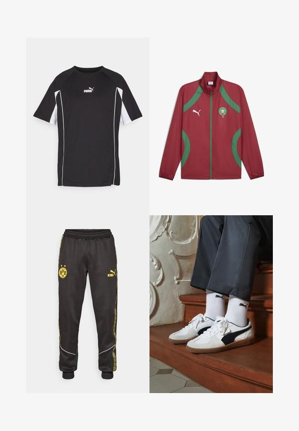 Piros, könnyű kabát zöld részletekkel, teljes cipzárral, magas gallérral és hímzett emblémával a bal mellen. Simább, vízálló anyagból készült.; Fekete sport póló rövid ujjal, fehér díszítéssel és logóval. Könnyű, lélegző anyagból készült.; Fekete sportnadrág sárga Borussia Dortmund BVB 09 és Puma King logókkal, elasztikus derékkal és mintás sárga oldalsó csíkokkal.; Fehér és fekete velúr Puma sportcipők, barna gumitalppal. Fehér zoknival párosítva, amely fekete logót visel, sötét nadrággal kombinálva.