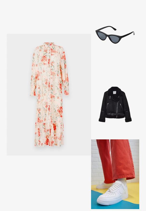 Schwarze Fake-Suede-Jacke mit einem Schaffell-Kragen, Reißverschluss vorne und seitlichen Taschen. Mit schwarzen Lederakzenten und einem taillierten Gürtel.; Blumenkleid in Creme mit roten und grünen Blumen in mittellanger Form. Verfügt über eine Knopfleiste, lange Ärmel und einen gestuften Saum. Leichter Stoff.; Weiße Leder-Sneaker mit perforiertem Zehenbereich, strukturiertem Sohlen und weißen Schnürsenkeln, kombiniert mit weiten roten Hosen und einem blauen und gelben Hintergrund.; Schwarze Cat-Eye-Sonnenbrille mit dunkelgrauen Gläsern, schlankem Kunststoffrahmen, spitzen Ecken und geraden Bügeln. Keine sichtbaren Befestigungen oder Akzente.