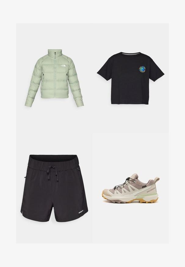 Světle zelená zateplená puffer bunda s vysokým límcem, zipem vpředu a dvěma bočními kapsami. Obsahuje horizontální prošívání a logo na hrudi.; Černé bavlněné tričko s krátkým rukávem, na hrudi s kulatým vícBarevným logem. Rovný lem a volný střih.; Černé plavecké šortky vyrobené z lehké tkaniny, s elastickým pasem, šňůrkou na stažení a bočními kapsami pro praktičnost.; Lehké turistické boty s béžovým a mátově zeleným designem. Texturovaný svršek, gumová podrážka, rychlý systém šněrování a kontrastní žluté detaily.