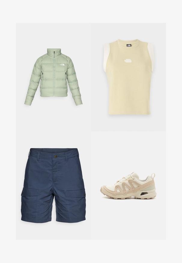 Svijetlo zelena izolirana puffer jakna s visokim ovratnikom, patentnim zatvaračem sprijeda i dva bočna džepa. Ima horizontalno podstavljanje i logo na prsima.; Misantop bez rukava u pastelno žutoj boji od pamuka s okruglim izrezom. Sadrži kontrastne kremaste ramene panele i teksturirani logo na prsima.; Mornarice plave cargo kratke hlače izrađene od lagane tkanine s dva bočna džepa, zatvorenjem na gumb i opuštenim krojem.; Bež i kremasti sportski tenisice s teksturiranim mrežastim gornjim dijelom, potpornih preklopa i gumeni potplat s uzorcima za prianjanje.