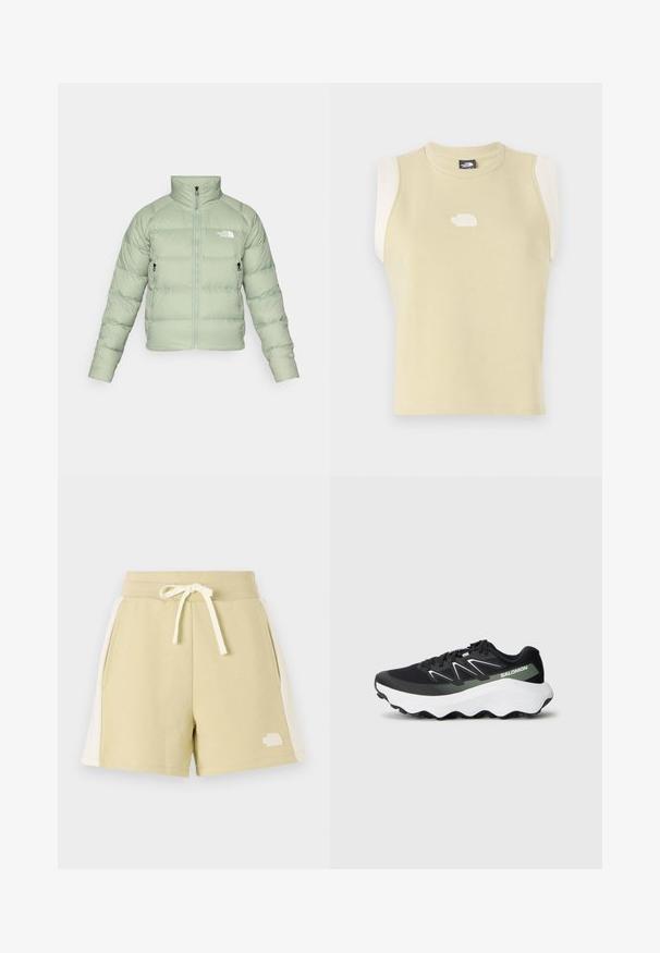 Gaiši zaļš izolēts pūkains mētelis ar augstu apkakli, ar rāvējslēdzēju priekšpusē un divām sānu kabatām. Iezīme horizontāla quiltēšana un logo uz krūtīm.; Bez piedurknēm, jauka dzeltena kokvilna ar apaļo kakla izgriezumu. Iekļauj kontrastējošas krēmkrāsas plecu daļas un teksturētu logotipu uz krūšu zonas.; Gai olīvzaļi šorti, kas izgatavoti no mīksta auduma, ar sānu kabatām, elastīgu jostu ar aukliņu un baltu logo kreisajā kājā.; Melna sporta apava virsma izgatavota no sietveida materiāla, ar baltām un gaiši zaļām akcentiem, ērta balta zole un teksturēta saķere uz ārējā zoles.