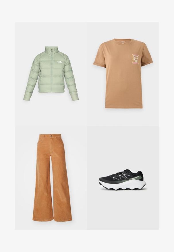 Hellgrüne isolierte Pufferjacke mit hohem Kragen, Reißverschluss vorne und zwei seitlichen Taschen. Hat eine horizontale Steppung und ein Logo auf der Brust.; Braunes Baumwoll-T-Shirt mit kurzen Ärmeln. Es verfügt über eine kleine, bunte Grafik im linken Brustbereich, die ein Sonnenuntergangs-Motiv zeigt.; Baumwollcord-Hose mit weitem Bein in einem warmen Braunton, mit hoher Taille, Knopfverschluss und zwei vorderen Taschen. Glatte Textur und sichtbare Nahtdetails.; Schwarzer Trainingsschuh mit einem Obermaterial aus Mesh, weißen und hellgrünen Akzenten, einer gepolsterten weißen Sohle und einer strukturierten Grip-Außensohle.