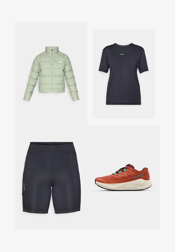 Šviesiai žalios spalvos izoliuotas pūkų švarkas su aukštu apykakle, priekyje užtrauktukas ir dvi šoninės kišenės. Turi horizontalų siuvinėjimą ir logotipą ant krūtinės.; Juoda, trumpa rankovėse sportinė marškinėlė, pagaminta iš lengvos medžiagos, su apvalia iškirpte ir mažu prekės ženklu ant priekio.; Juodi sportiniai šortai iš lygios, tamprios medžiagos. Yra aukšta juosmens linija ir šoniniai logotipo akcentai. Paprastas, stilingas dizainas.; Raudona bėgimo avalynė su tekstūruota viršutine dalimi, tinklinėmis panelėmis ir turkio akcentais. Yra pagalvota balta vidurinė sole ir juoda guma.
