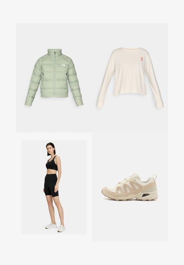 Světle zelená zateplená puffer bunda s vysokým límcem, zipem vpředu a dvěma bočními kapsami. Obsahuje horizontální prošívání a logo na hrudi.; Krémová košile s dlouhými rukávy vyrobená z měkké látky, s kulatým výstřihem a malým červeným cikcak vzorem na levé části hrudi.; On MOVEMENT - Punčochy - black; Béžová a krémová sportovní obuv s texturovaným síťovaným svrškem, podpůrnými překryvy a gumovou podrážkou s dezénem pro lepší přilnavost.