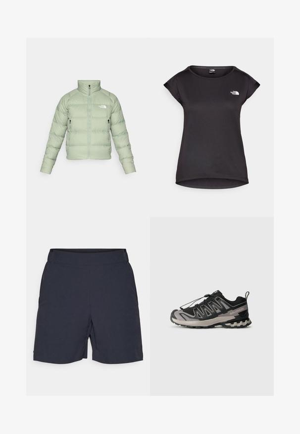 Gaiši zaļš izolēts pūkains mētelis ar augstu apkakli, ar rāvējslēdzēju priekšpusē un divām sānu kabatām. Iezīme horizontāla quiltēšana un logo uz krūtīm.; The North Face TANKEN TANK - Sporta krekli - black; Tumši zili šorti ar gludu, vieglu audumu, ar plakanu jostu un sānu kabatām, izstrādāti komfortam un kustību brīvībai.; Melnas un pelēkas sporta apavus ar sietveida augšdaļu, gumijas zoli un elastīgu šņorēšanas sistēmu. Iespējama pastiprināta purngala un teksturēti akcenti.