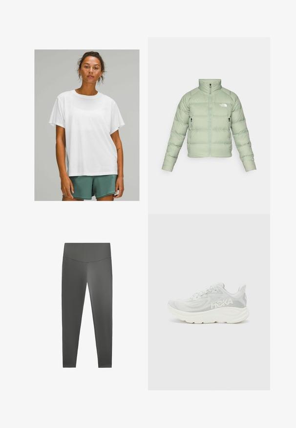 Hellgrüne isolierte Pufferjacke mit hohem Kragen, Reißverschluss vorne und zwei seitlichen Taschen. Hat eine horizontale Steppung und ein Logo auf der Brust.; Weißes Baumwoll-T-Shirt mit kurzen Ärmeln, rundem Halsausschnitt, lässiger Passform, getragen mit grünen Shorts. Glatte Textur, keine sichtbaren Muster oder Akzente.; Graue Leggings aus weichem, dehnbarem Stoff. Hohe Taille mit glatter Textur und ohne sichtbare Nähte oder Muster.; Leichte Laufsohle aus weißem und hellgrauem Mesh, mit einer dick gepolsterten Sohle und seitlichem Logo. Minimalistisches Design mit strukturiertem Stoff.