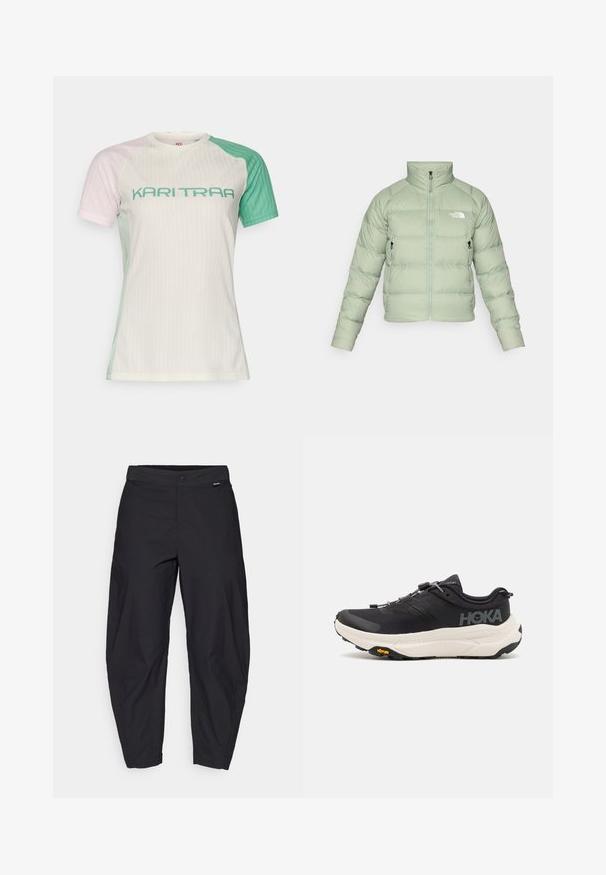 Casaco acolchoado isolado verde claro com gola alta, fecho de correr à frente e dois bolsos laterais. Apresenta um matelassado horizontal e um logótipo no peito.; Camiseta atlética de manga curta com textura canelada. As cores incluem rosa claro, verde e branco. Apresenta letras em destaque "KARI TRAA" em azul-turquesa.; Calças pretas, folgadas, com fecho de botão e bolsos laterais, exibidas sobre um fundo branco.; Ténis de desporto pretos com um cabedal em malha respirável, sola de borracha, entressola branca com amortecimento e atacadores refletivos. Logótipo Vibram na sola.
