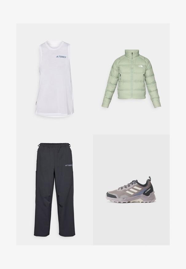 Svetlozelena izolirana pufferska jakna z visokim ovratnikom, zadrgo spredaj in dvema stranskima žepoma. Z horizontalnim prešitim vzorcem in logotipom na prsih.; Bela brezrokavna atletska majica z okroglo ovratnikom in kontrastnim modrim logotipom "TERREX", izdelana iz lahkega in zračnega materiala.; Črne lahke hlače za prosti čas z elastičnim pasom, stranskimi žepi in logotipom na zgornjem desnem stegnu. Gladka, vodoodbojna tkanina.; adidas Terrex TERREX EASTRAIL 2 - Pohodniški čevlji - taupe oxide/wonder alumina/preloved violet