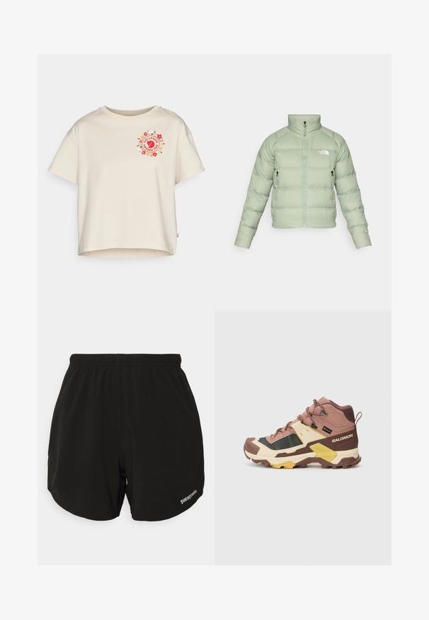 Šviesiai žalios spalvos izoliuotas pūkų švarkas su aukštu apykakle, priekyje užtrauktukas ir dvi šoninės kišenės. Turi horizontalų siuvinėjimą ir logotipą ant krūtinės.; Kremo spalvos medvilnės marškinėliai trumpomis rankovėmis su apvaliu gėlių logotipu raudona ir žalia spalvomis priekyje, su suapvalintu kaklu.; Juoda sportinė šortai su elastingu juosmeniu, turintys kreivinę apatinę dalį, šonines kišenes ir mažą baltą "Patagonia" logotipą apatiniame dešiniajame kampe.; Aukštos outdoor batai rožinės, juodos ir smėlinės spalvų. Pasirinkta tekstūruota viršutinė dalis, sustiprinta pirštų apsauga ir tvirta padas su giliomis guminėmis gulsčiukais, užtikrinančiais sukibimą.