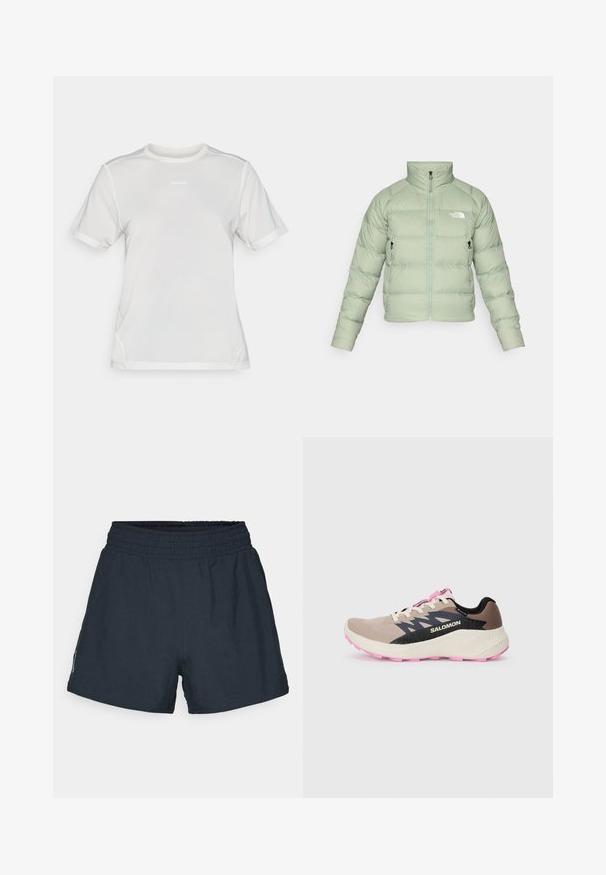 Casaco acolchoado isolado verde claro com gola alta, fecho de correr à frente e dois bolsos laterais. Apresenta um matelassado horizontal e um logótipo no peito.; Camisa atlética de malha branca de manga curta com gola redonda e pequeno logotipo "Salomon" centrado no peito.; Calções atléticos de um tom azul marinho escuro, feitos de um tecido leve. Cintura elástica, corte solto e sem bolsos ou padrões visíveis.; Sapatilha de corrida Salomon em bege e rosa com logótipo e realces de design em preto, entressola creme e sola rosa, vista de lado sobre um fundo simples.