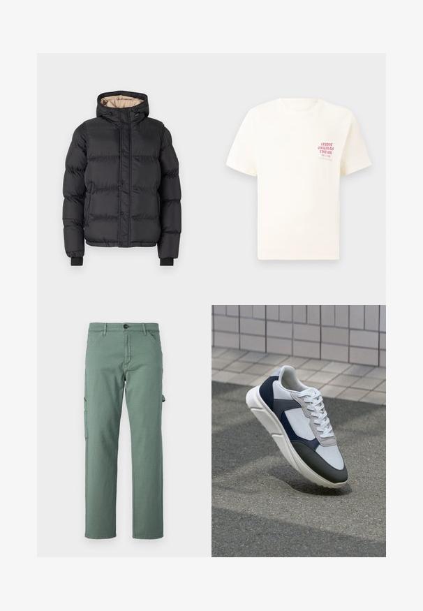 Melnā pūkaina jaka ar kapuci, rāvējslēdzēju un vāciņu ar pogām, ribotām piedurknēm un kontrastējošu bēša oderi.; Balts īsām piedurknēm T-krekls ar sarkanu tekstu "Studio Originals Edition" uz kreisā krūšu, pakārtots neitrālā pelēkā fonā.; Zaļas kravas bikses, kas izgatavotas no izturīga auduma, ar taisnu kāju dizainu, sānu kabatām un pogu aizdari. Gluda tekstūra un minimālisma stils.; Balti, tumši zili un pelēki sporta apavi ar jauktu materiālu dizainu, kuram ir teksturēts augšdaļa, plakani šņores un mīkstināta zole.