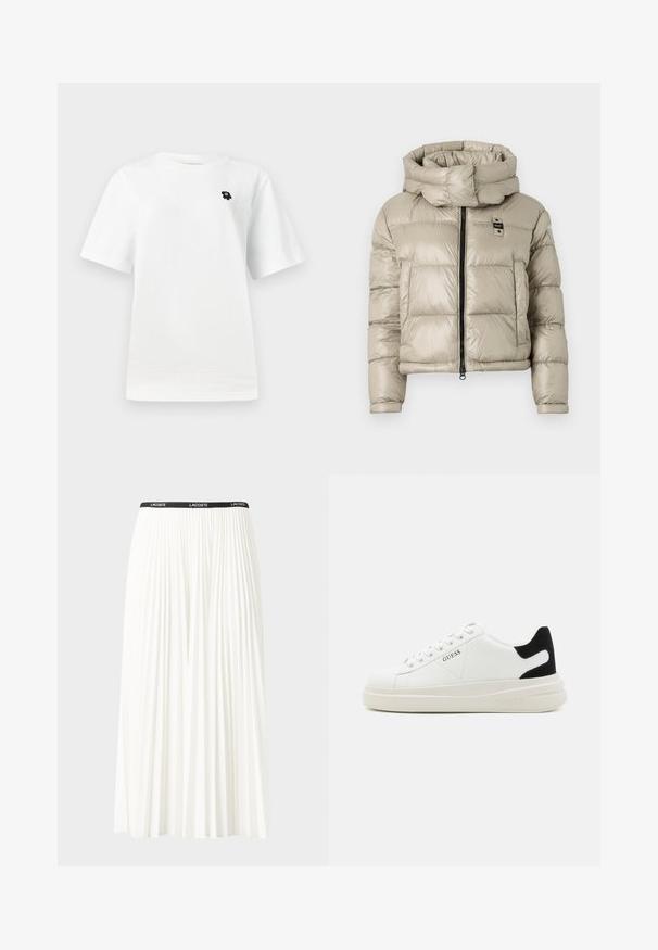 Puffjakke i lys beige med høy krage, frontglidelås og horisontal quiltet mønster; har et lite logo på brystet.; Hvit t-skjorte med korte ermer som har et lite svart grafisk motiv på venstre brystområde, satt mot en enkel lys bakgrunn.; Plissert hvit skjørt med en svart elastisk midje som har "LACOSTE"-logoen. Midjelengde design med myk tekstur.; Hvite lær sneakers med tykk hvit såle, svart semsket hælforsterkning og preget logo på siden. Snøresystem med seks hull.