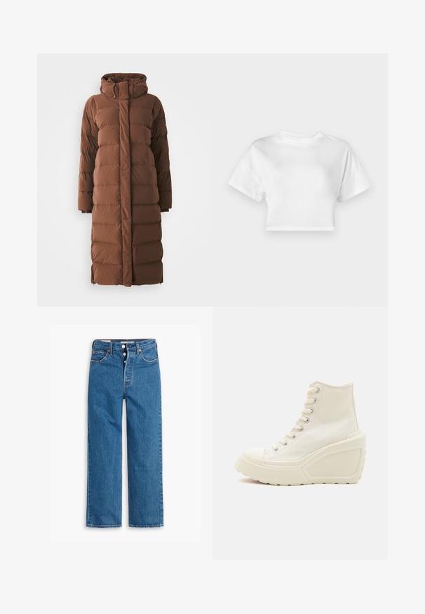 Duga, smeđa pernata jakna s visokim ovratnikom, kviltiranim dijelovima i prednjim zatvaračem. Ima bočne džepove i elegantan, uski dizajn.; Bijela skraćena majica od pamuka. Kratki rukavi, okrugli izrez, glatka tekstura, ležeran dizajn bez uzoraka ili ukrasa.; Plave traperice ravnog kroja s visokim strukom, dizajn s pet džepova i dugmetom za zatvaranje. Primjetno šavovi i zakovice u boji bakra.; Bijeli platneni sneakersi s visokom petom i klinastom potplatom, s metalnim okovima, okruglim vrhom i teksturiranim gumiranim potplatom.