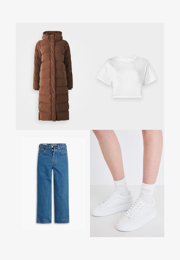 Paltona puf, lungă, de culoare brown, cu guler înalt, secțiuni matlasate și închidere cu fermoar frontal. Include buzunare laterale și un design elegant, aerodinamic.; Tricou alb scurt din bumbac. Mâneci scurte, decolteu rotund, textură uniformă, design casual fără modele sau ornamente.; Jeans din denim albastru, cu croială dreaptă, talie înaltă, design cu cinci buzunare și fermoar cu buton. Cusături vizibile și nituri de ton cupru.; Copenhagen Studios CPH72 - Sneakers low - white