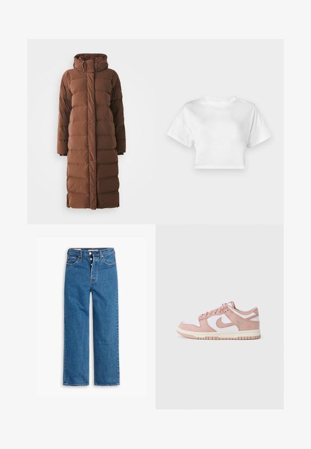 Lang, brun pufferfrakk med høy krage, quiltede seksjoner og glidelås foran. Har sidelommer og et elegant, strømlinjeformet design.; Hvit cropped t-skjorte laget av bomull. Korte ermer, rund utringning, glatt tekstur, uformell design uten mønstre eller utsmykninger.; Blå denim straight-leg jeans med høy midje, fem lommer, og knappestolpe. Merkbar søm og kobberfargede nagler.; Skoen har en myk rosa semsket overdel, hvite lærpaneler og en teksturert gummisåle. Merkbar swoosh-logo på sidene og snøring.