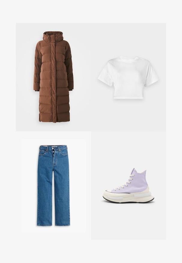 Long, brown puffer coat with a high collar, quilted sections, and front zip closure. Features side pockets and a sleek, streamlined design.; White cropped t-shirt made of cotton. Short sleeves, round neckline, smooth texture, casual design without patterns or embellishments.; Blue denim straight-leg jeans with a high waist, five-pocket design, and button fly. Noticeable stitching and copper-tone rivets.; High-top sneakers in light purple canvas. Thick white midsole with black outsole. Features round toe and beige laces. Minimalistic design.