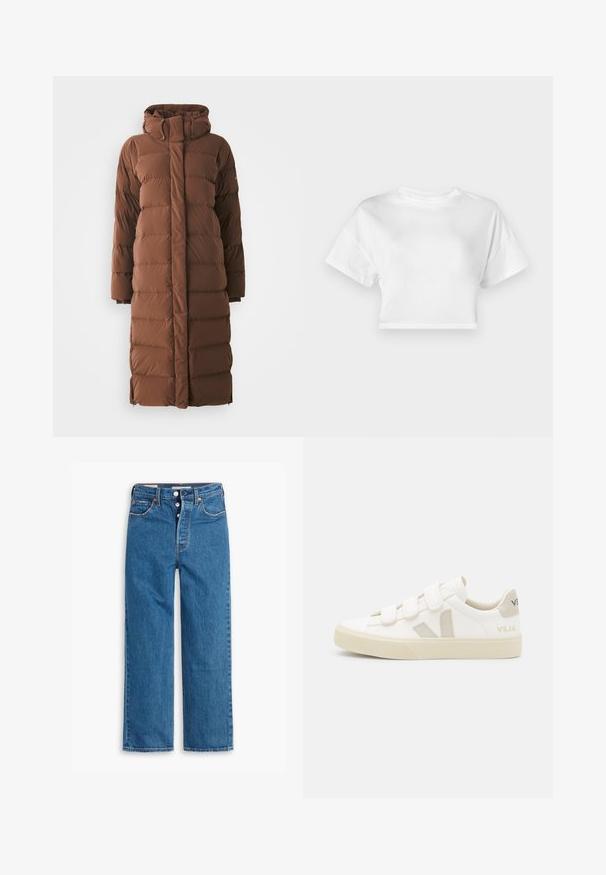 Paltona puf, lungă, de culoare brown, cu guler înalt, secțiuni matlasate și închidere cu fermoar frontal. Include buzunare laterale și un design elegant, aerodinamic.; Tricou alb scurt din bumbac. Mâneci scurte, decolteu rotund, textură uniformă, design casual fără modele sau ornamente.; Jeans din denim albastru, cu croială dreaptă, talie înaltă, design cu cinci buzunare și fermoar cu buton. Cusături vizibile și nituri de ton cupru.; Sneakers albe cu curele velcro, detalii din suede bej, talpă texturată din cauciuc și logo V gri. Design minimal, formă rotunjită.