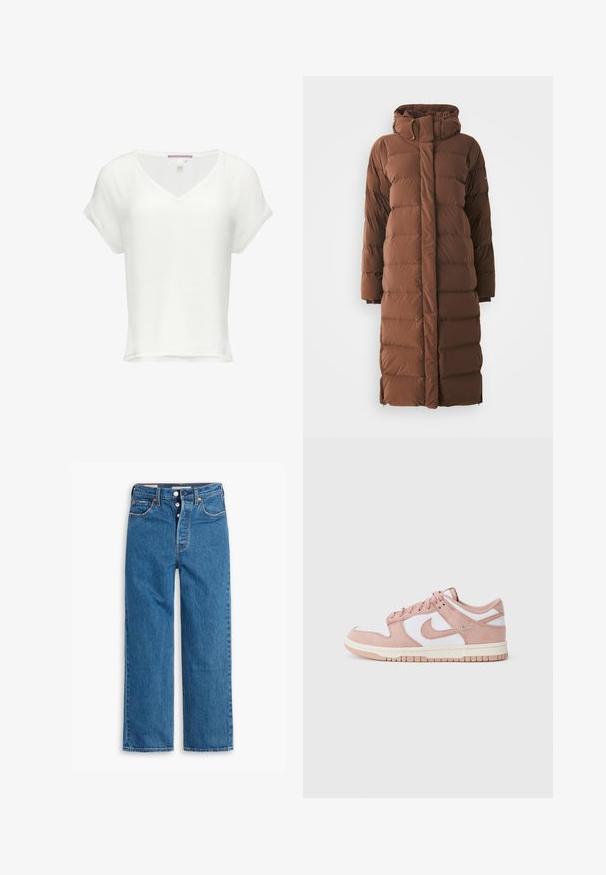 Długa, brązowa kurtka puchowa z wysokim kołnierzem, pikowanymi sekcjami i zamkiem błyskawicznym z przodu. Posiada boczne kieszenie oraz elegancki, opływowy design.; Biały krótki top z rękawami, z dekoltem w kształcie litery V. Wykonany z miękkiego materiału, charakteryzuje się luźnym krojem i prostym dołem. Metka widoczna przy dekolcie.; Niebieskie dżinsy o prostym kroju i wysokim stanie, z pięcioma kieszeniami i zapięciem na guziki. Widoczne szwy i miedziowane nity.; Sneaker z miękką, różową cholewą z zamszu, białymi skórzanymi panelami oraz teksturowaną gumową podeszwą. Charakterystyczne logo swoosh po bokach, zawiązywana konstrukcja.