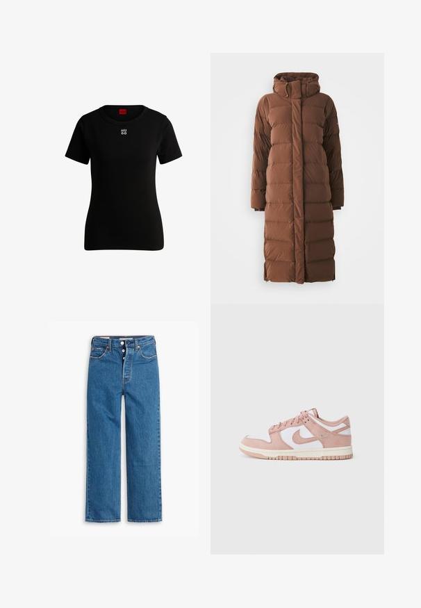 Lang, brun dunjakke med høj krave, quiltede sektioner og lynlås foran. Har sidelommer og et slankt, strømlinet design.; Sort t-shirt med korte ærmer lavet af blød bomuld, med rund halsudskæring og et lille hvidt "HUGO" logo på brystet. Klassisk pasform.; Blå denim lige ben jeans med høj talje, fem lomme design og knaplukning. Markante syninger og kobberfarvede nitter.; Sneakeren har en blød rosa ruskinds-overdel, hvide læderpaneler og en tekstureret gummisål. Iøjnefaldende swoosh-logo på siderne og snørebinding.