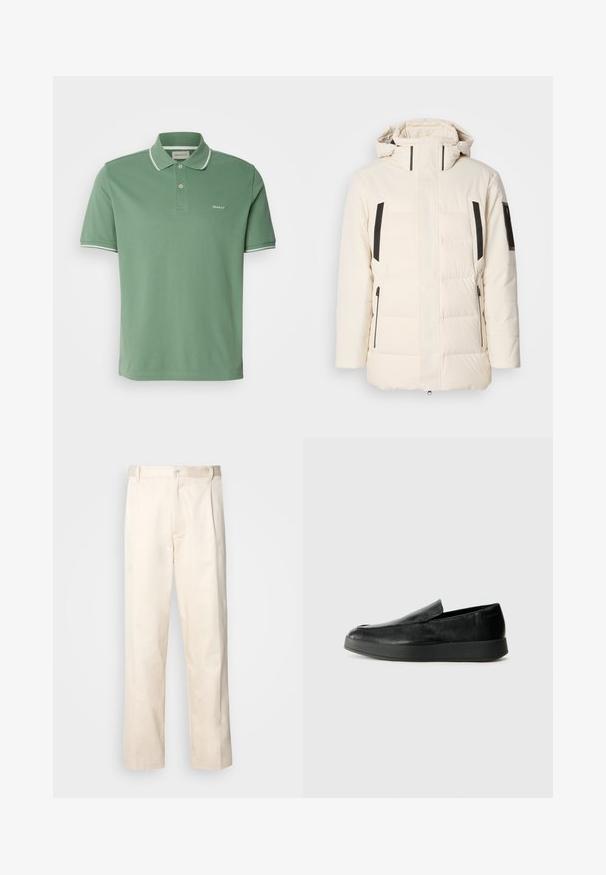 Bela jakna s podloženjem visokega ovratnika, črni akcenti na straneh, žepi z zadrgo in gladka tekstura. Obloge z vgradnim designom po celotni jakni.; Zelena polo majica iz bombaža, z ovratnikom, dvema gumboma in belimi obrobami na rokavih z diskretno izvezenim logotipom.; Bež cottone hlače s ravnim krojem, ki imajo gumbasto zapiranje in nabore spredaj za dodatne detajle.; Calvin Klein HYBRID CUP - Čevlji brez vezalk - triple black
