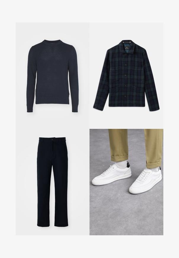 Veste à carreaux vert foncé et bleu marine, à boutons, avec manches longues, col et quatre poches avant.; Pull en laine bleu marine avec un tissage texturé, col rond et poignets et ourlet côtelés. Présente un design léger et respirant.; Pantalon bleu marine en coton, avec une coupe droite, une fermeture à bouton à l'avant et une taille classique avec passants de ceinture.; Baskets blanches avec une finition en cuir texturé, bout arrondi et accent noir au talon. Semelle en caoutchouc avec un petit motif de sculpture et des détails cousus.