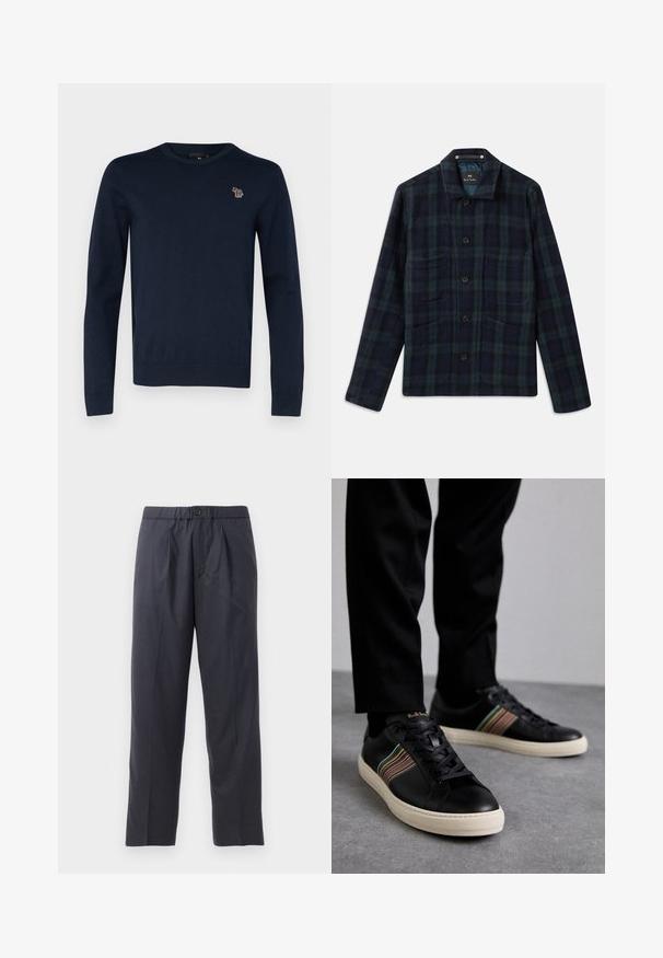 Tummanvihreä ja laivastonsininen ruudullinen nappijakku, jossa on pitkät hihat, kaulus ja neljä etutaskua.; Merensininen neulepaita, jossa on pyöreä pääntie, pitkät hihat ja pieni eläimen brodeeraus rinnassa. Pehmeä rakenne, röyhelötyynyt.; Tummansiniset housut, jotka on valmistettu pehmeästä kankaasta ja niissä on pleidattu etuosa sekä joustava vyötärö. Varustettu napilla suljettavalla ja suoran lahkeen leikkauksella.; Mustat nahkakengät, joissa on moniväriset raidalliset yksityiskohdat, pyöreä kärki ja valkoiset kumipohjat. kengissä on nauhakiinnitys ja kohokuvioitu brändäys.