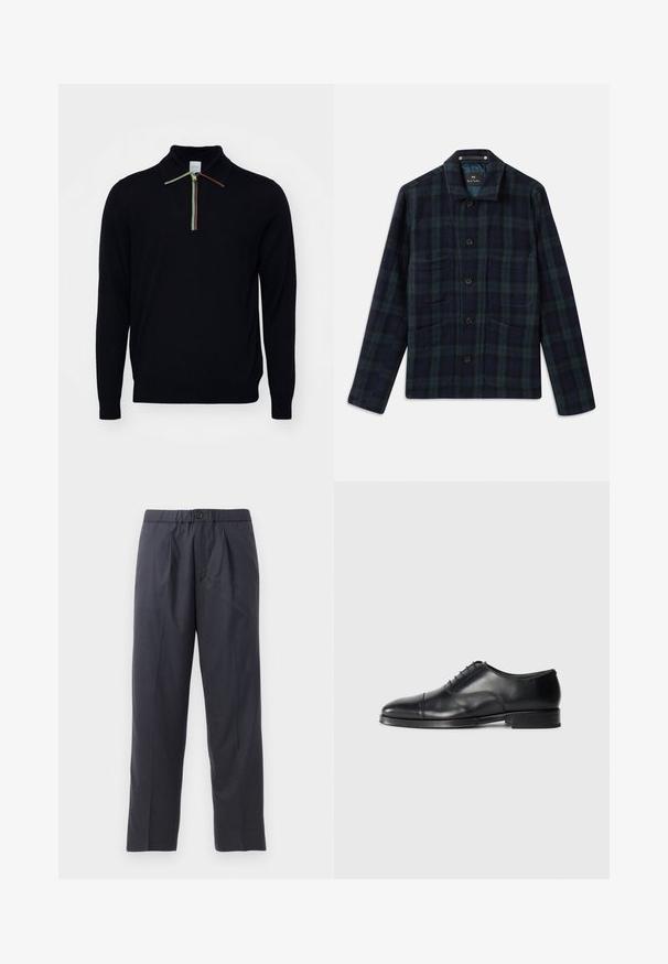Dunkelgrün und marineblau kariertes Button-up-Jackett mit langen Ärmeln, Kragen und vier Fronttaschen.; Paul Smith SWEATER - Strickpullover - black; Dunkelblaue Hose aus weichem Stoff mit gef alteter Vorderseite und elastischem Bund. Verfügt über einen Knopfverschluss und gerades Bein.; Schwarze Lederanzugschuhe mit gerundetem Zeh, glatter Oberfläche, Schnürdesign und dezentem Nahtdetail, ausgestattet mit einem niedrigen, flachen Absatz.