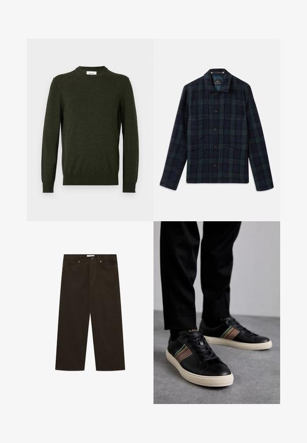 Chaqueta de cuadros en verde oscuro y azul marino, con botones, de manga larga, cuello y cuatro bolsillos frontales.; Suéter verde oscuro hecho de una mezcla de lana texturizada, con cuello redondo y mangas largas, y con puños y dobladillo acanalados.; Pantalones de pana marrones con un diseño de pierna ancha, que presentan una textura de canalé vertical, un cierre frontal con botón y bolsillos estándar.; Zapatillas de cuero negro con acentos de rayas multicolores, punta redonda y suelas de goma blanca, con diseño de cordones y marca en relieve.