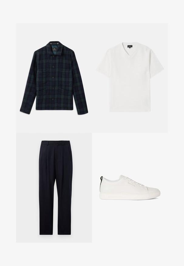 Dark green and navy blue plaid button-up jacket with long sleeves, collar, and four front pockets.; White short-sleeve V-neck t-shirt made from textured fabric with a subtle pattern. Features a small logo on the chest.; Navy blue trousers in a straight cut, featuring a textured fabric, two front pleats, belt loops, and a zip fly closure.; White leather sneaker with a rounded toe, flat rubber sole, and tonal stitching. Features lace-up front and a black heel pull tab.