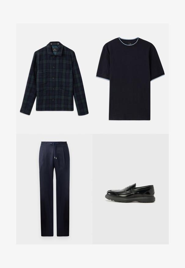 Dunkelgrün und marineblau kariertes Button-up-Jackett mit langen Ärmeln, Kragen und vier Fronttaschen.; Dunkelblaues kurzärmeliges T-Shirt mit Rundhalsauschnitt, das an Kragen und Ärmeln mit hellblauen Akzenten versehen ist. Hergestellt aus weichem Baumwollstoff.; Dunkelblaue Hose mit entspannter Passform, elastischem Bund und Kordelzug. Mit zwei vorderen Falten und geraden Beinen ohne Taschen.; Schwarze Lederloafer mit glanzendem Finish, abgerundetem Zehenbereich, subtilen Steppnähten und einer dicken Gummisohle für Langlebigkeit.