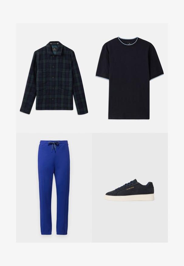 Tamnozelena i mornarskoplava karo košulja jakna s dugim rukavima, kragnom i četiri prednja džepa.; Tamno plava kratka majica s kapućinom, s okruglim izrezom, s svijetloplavim detaljima na ovratniku i rukavima. Izrađena od mekog pamučnog materijala.; PS Paul Smith HAPPY - Donji dijelovi trenirke - blues; Navy plave sačmene niske tenisice s bijelim potplatom, mornarskim vezicama i "Filling Pieces" logotipom u zlatnoj boji sa strane.
