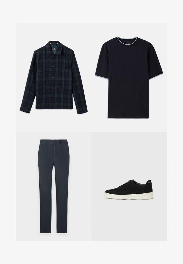Temno zelena in mornarsko modra karirana srajčna jakna z dolgimi rokavi, ovratnikom in štirimi sprednjimi žepi.; Temno modra kratka majica s kratkimi rokavi in okroglim izrezom, s svetlo modrimi poudarki na ovratniku in rokavih. Narejena iz mehke bombažne tkanine.; Temno modri hlače iz lahkega materiala s slim fit krojem. Imajo sprednje zapiranje na gumb in žepke. Gladka tekstura, brez vzorcev.; Črni semiš teniški copati z vezalkami in kontrastnim belim gumijastim podplatom. Imajo teksturirane stranske panele in subtilno oznako na peti.