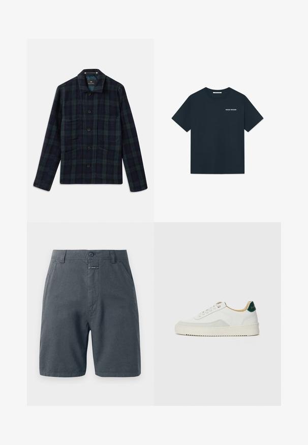 Tumši zaļš un tumši zilas pārsēdīšana ar pogām, garām piedurknēm, apkakli un četrām priekšējām kabatām.; Tumši jūras zilas krāsas kokvilnas T-krekls ar apaļu kakla izgriezumu un īsām piedurknēm. Uz kreisā krūšu laukuma ir izvietota maza balta logo.; Pelēki šorti no viegla auduma ar pogu aizdari, sānu kabatām un smalku tekstūru ar minimālu noformējumu.; Baltas sneakers ar zamša akcentiem, noapaļota purngala, plakaniem auklām un krēmkrāsas gumijas zoli. Ar zaļu zīmolu uz papēža.