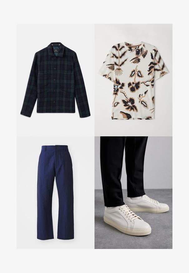 Dark green and navy blue plaid button-up jacket with long sleeves, collar, and four front pockets.; Short-sleeve T-shirt made of soft fabric, featuring a cream background with abstract floral patterns in black, brown, and light blue.; Navy blue linen trousers with a loose fit, straight legs, front button closure, and subtle texture. Clean design, no embellishments.; Light beige leather sneakers with flat laces, a textured surface, and a contrasting cream-colored rubber sole, paired with black tapered pants.